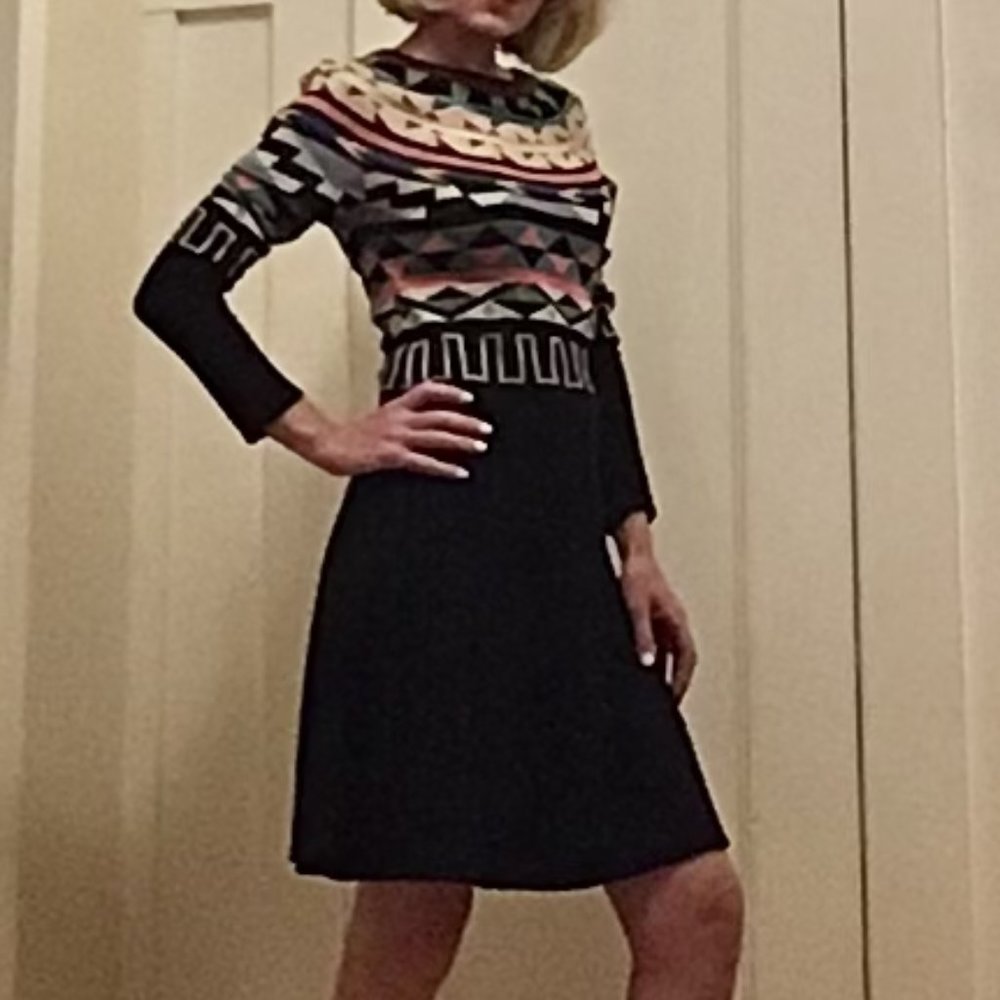 Anthropologie knit dress: Black with geometric patterned top (XS)